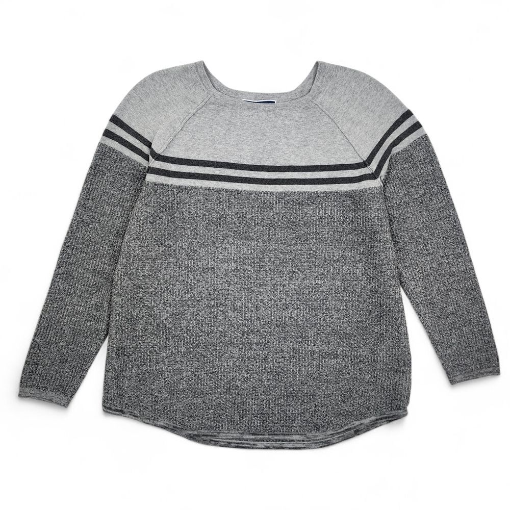 Karen Scott 100% Cotton Top Sweater Knit Pullover Striped Gray Black Size M